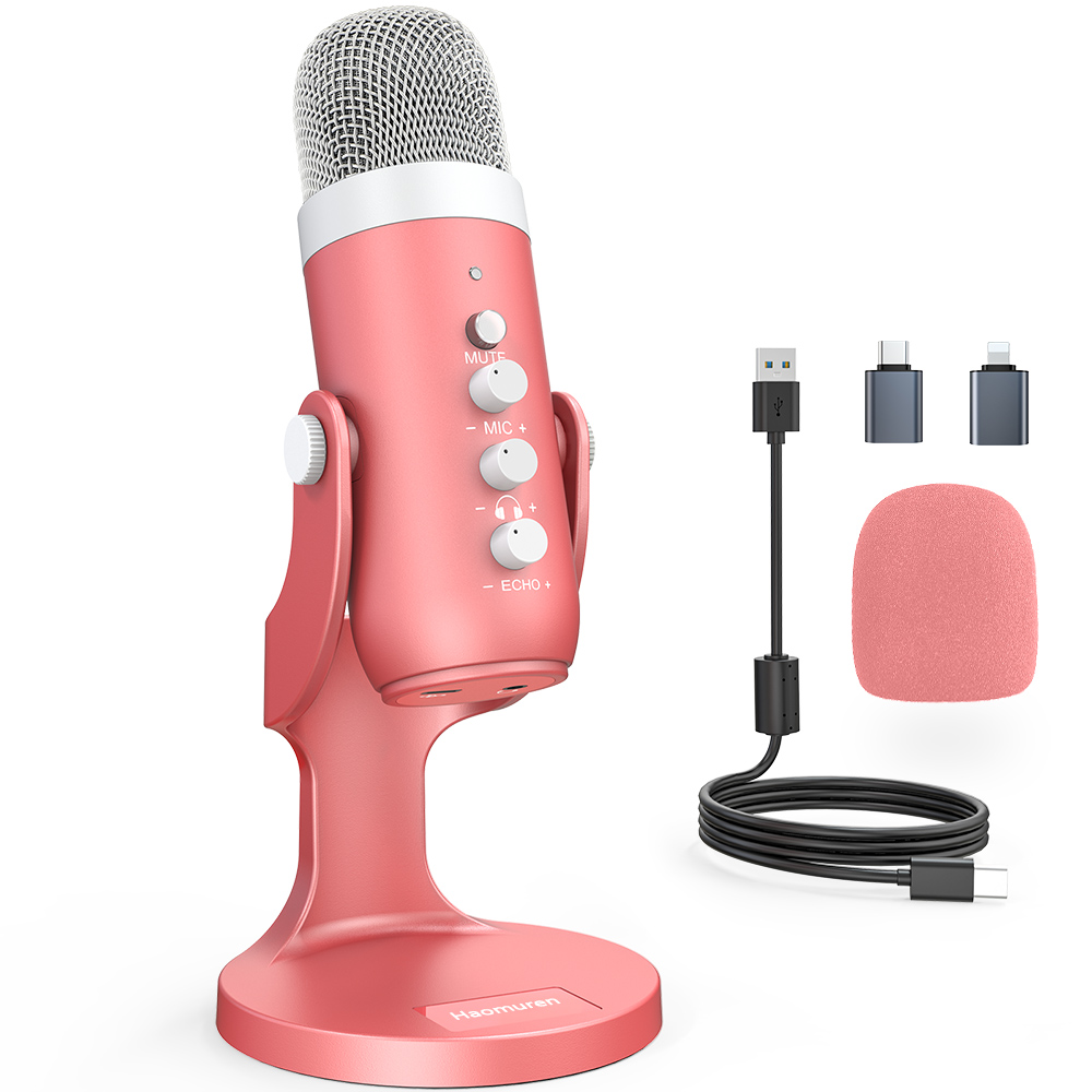 Streaming Mic Condenser - Haomuren-Microphone à condensateur USB, rose, studio,